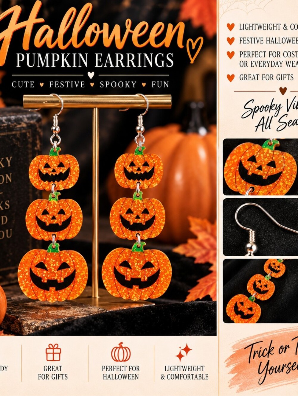 Halloween Pumpkin Dangle Earrings - Orange Jack-O'-Lanterns